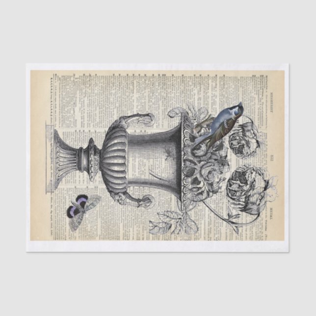 Papel De Seda Urn floral con pájaro y mariposa en la página del  (Anverso)