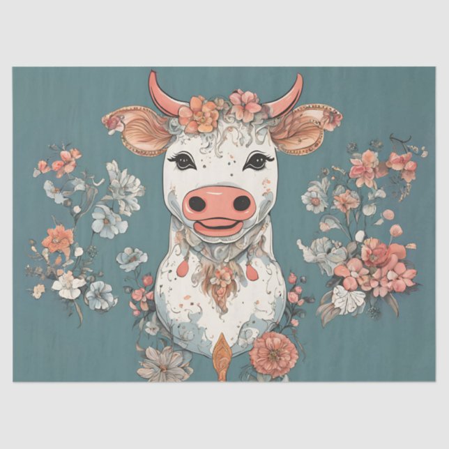 Papel De Seda Vaca caprichosa con flores (Anverso)