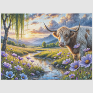 Papel De Seda Vaca cruzada de Highland/Longhorn en paisaje flora