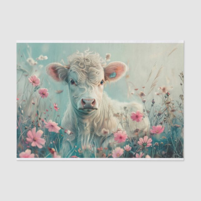 Papel De Seda Vaca Highland Adorable con Flores Silvestres para  (Anverso)