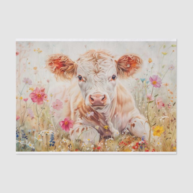 Papel De Seda Vaca Highland Adorable con Flores Silvestres para  (Anverso)