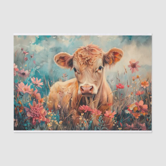 Papel De Seda Vaca Highland Adorable con Flores Silvestres para  (Anverso)