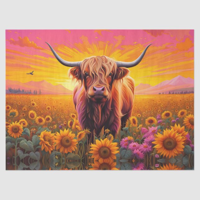 Papel De Seda Vaca Highland en girasoles al amanecer (Anverso)