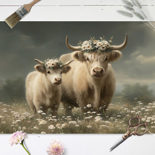 Papel De Seda Vaca y ternero Highland blancos decoupage