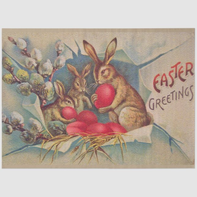 Papel De Seda Vacaciones de Pascua de 3 Conejos Vintage (Anverso)