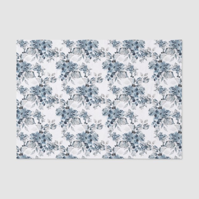 Papel De Seda Vacaciones de patrón floral azul y gris acuarela (Anverso)