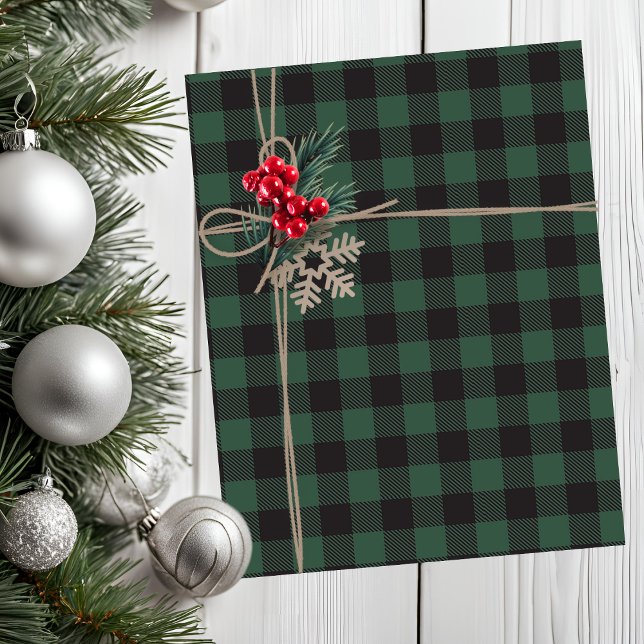 Papel De Seda Vacaciones Rusas De Búfalo Verde Y Negro (Rustic Green And Black Buffalo Plaid Holiday Tissue Paper)