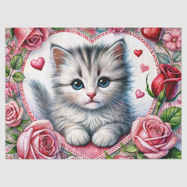 Papel De Seda Valentine Kitten With Roses Tissue Paper (Anverso)