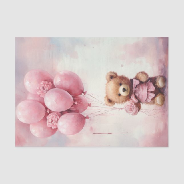 Papel De Seda Valentine Teddy Bear sostiene globos rosados (Anverso)