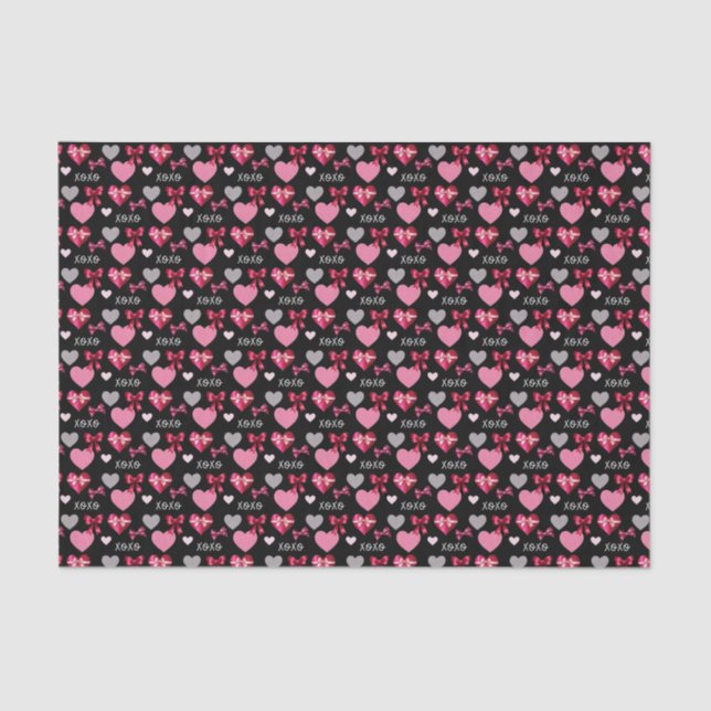 Papel De Seda Valentine's Day Hearts, Bows and XOXO Patterned (Anverso)
