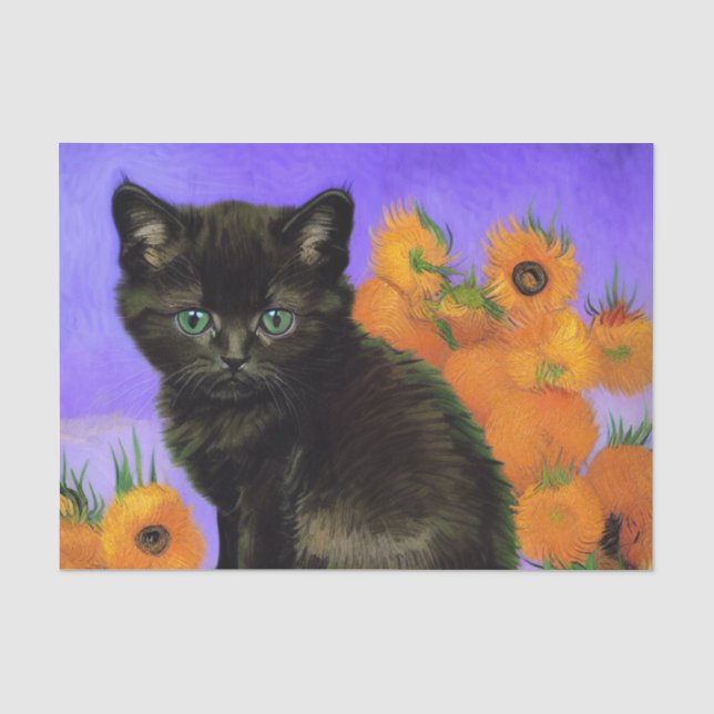 Papel De Seda Van Gogh Black Kitten con girasoles (Anverso)
