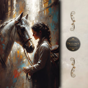 Papel De Seda Vaquera del Oeste y Caballo Blanco Arte Decoupage