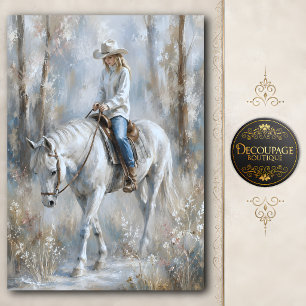Papel De Seda Vaquera montando caballo blanco decoupage