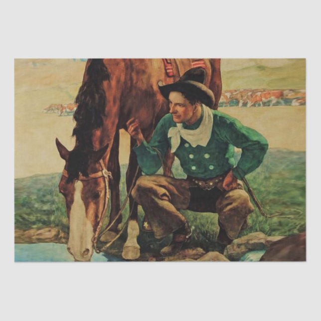 Papel De Seda Vaquero regando su caballo por NC Wyeth (Anverso)