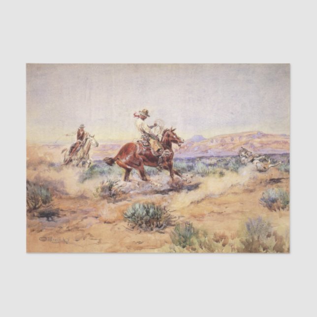 Papel De Seda Vaqueros en caballos con un lobo con un lazo (Anverso)
