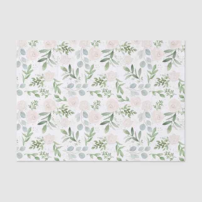 Papel De Seda Vegetación acuarela y patrón de flores blancas (Anverso)