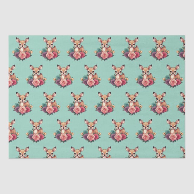 Papel De Seda Venado bebé con Rosas y follaje verde (Anverso)
