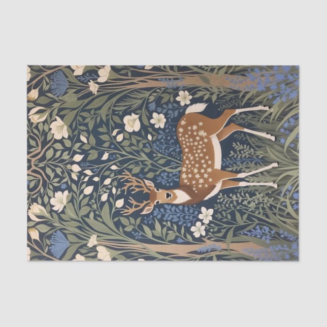 Papel De Seda Venado En El Bosque Azul Inspirado William Morris (Anverso)