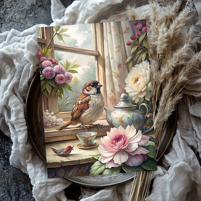 Papel De Seda ventana de verano de Shabby con peonías rosadas de (Shabby summer window with sparrow pink peonies tissue paper)