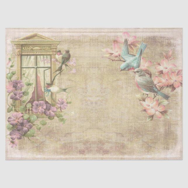 Papel De Seda Ventana, pájaros y ramas en desalojo angustiado (Anverso)