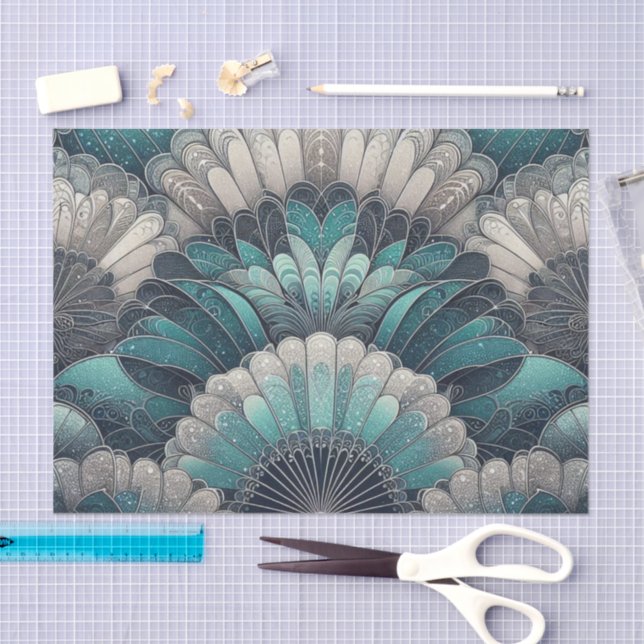 Papel De Seda Ventiladores Art Nouveau Blue Silver (Artesanía)