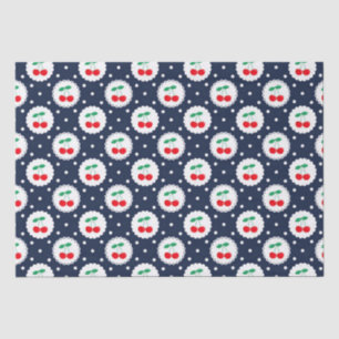 Papel De Seda Verano Vintage Azul Marino, Blanco y Rojo Cerezas
