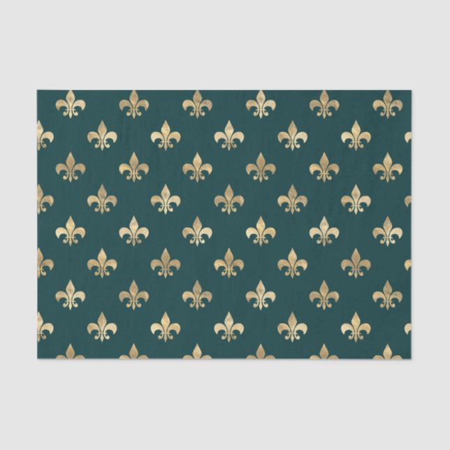Papel De Seda Verde azulada y Gold Fleur-de-lis (Anverso)