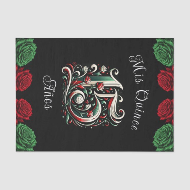 Papel De Seda Verde Blanco Rojo Mis Quince Anos 15 Quinceañera (Anverso)