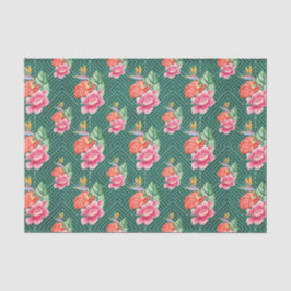 Papel De Seda Verde con flores rosas