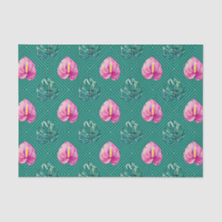 Papel De Seda Verde con flores tropicales y hojas de palmera