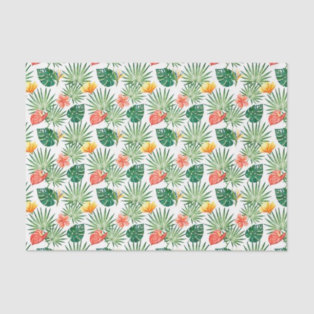 Papel De Seda Verde con flores tropicales y hojas de palmera 3 (Anverso)