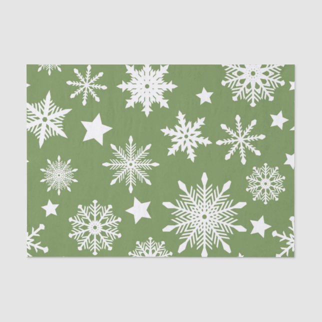 PAPEL DE SEDA VERDE CON SNOWFLAKES DE INVIERNO BLANCO (Anverso)