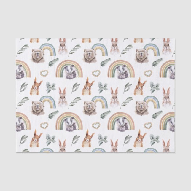 Papel De Seda Verde del bosque | Animales del bosque y Arcoíris (Anverso)