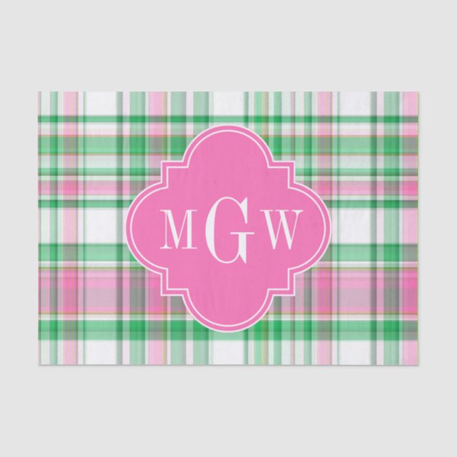 Papel De Seda Verde Esmeralda Rosa Caliente Blanco Madras Monogr (Anverso)