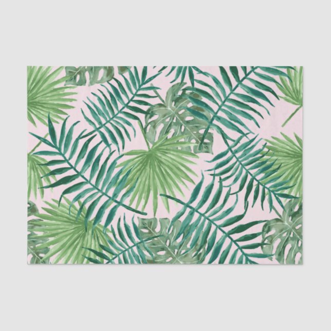 Papel De Seda Verde follaje tropical sobre acuarela rosa (Anverso)
