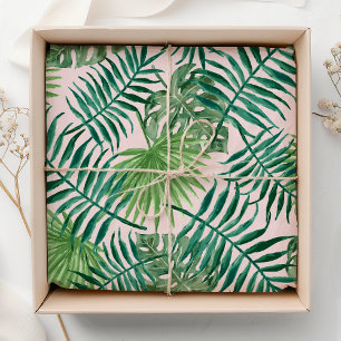 Papel De Seda Verde follaje tropical sobre acuarela rosa