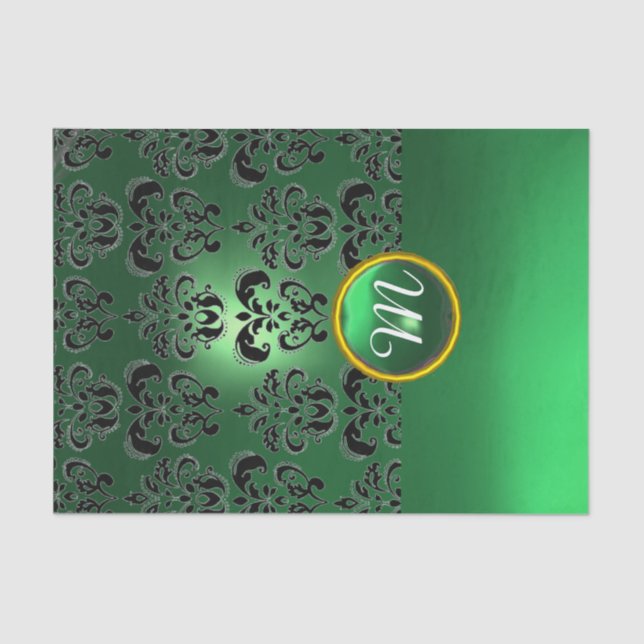 PAPEL DE SEDA VERDE JADE NEGRO  PIEDRA PRECIOSA DAMASCO MONOGRAM (Anverso)
