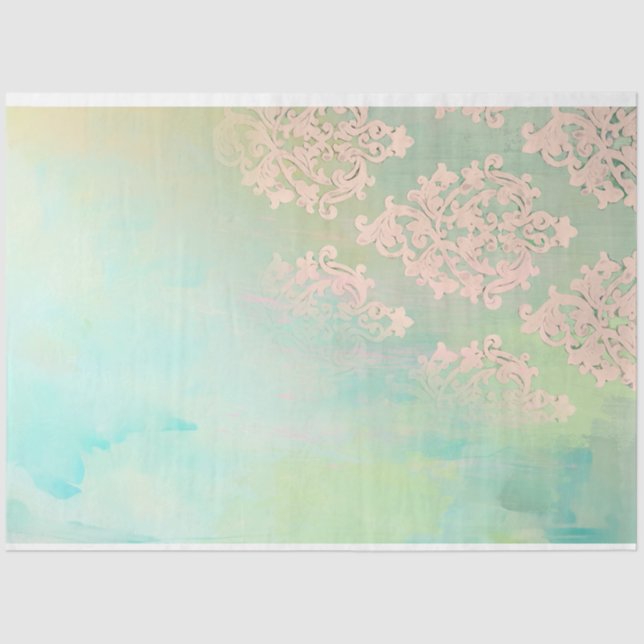 Papel De Seda Verde Menta y Rosa Caqui Damask Estropeado  (Anverso)