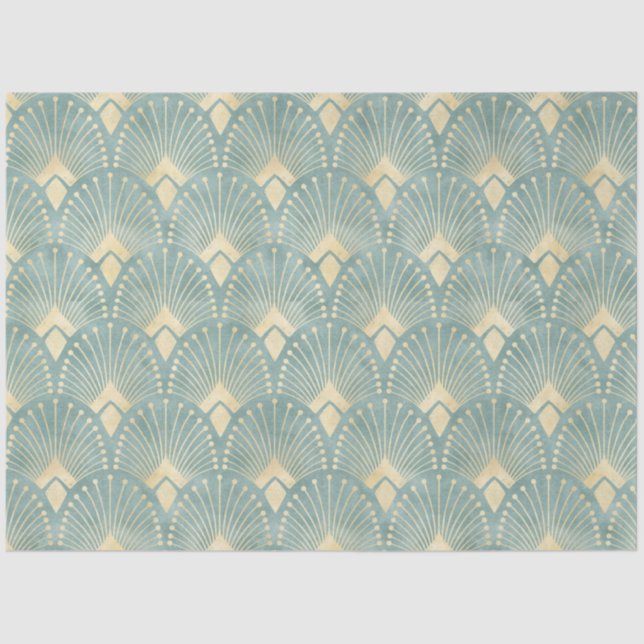 Papel De Seda Verde sabio, crema, estampado art deco, cosecha, r (Anverso)