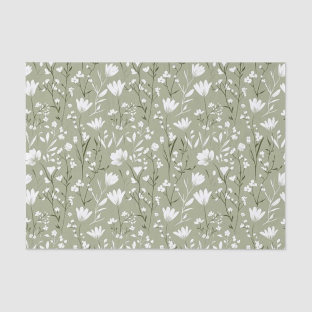 Papel De Seda Verde Salvia y Floral Blanco Cumpleaños Nupcial  (Anverso)