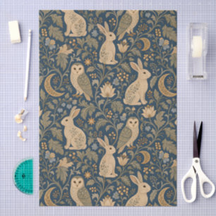 Papel De Seda Verde Salvia y Patrón Floral de Conejo y Búho Azul