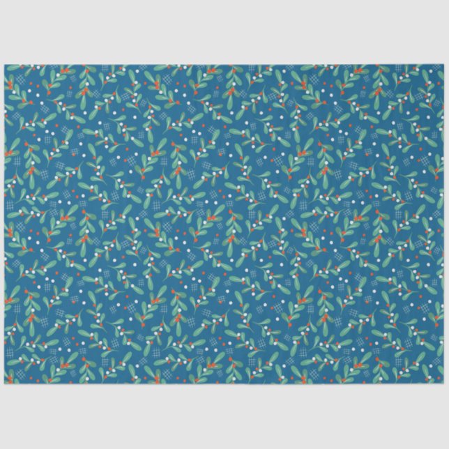 Papel De Seda Verdes navidades con Holly Berries Blue Red White (Anverso)