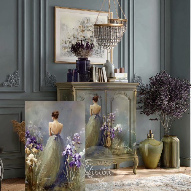 Papel De Seda Vestido de Baile Musa de la Sabiduría Iris Jardin  (Vintage sage cabinet glass doors displaying artwork chandelier purple florals grey panelled walls)
