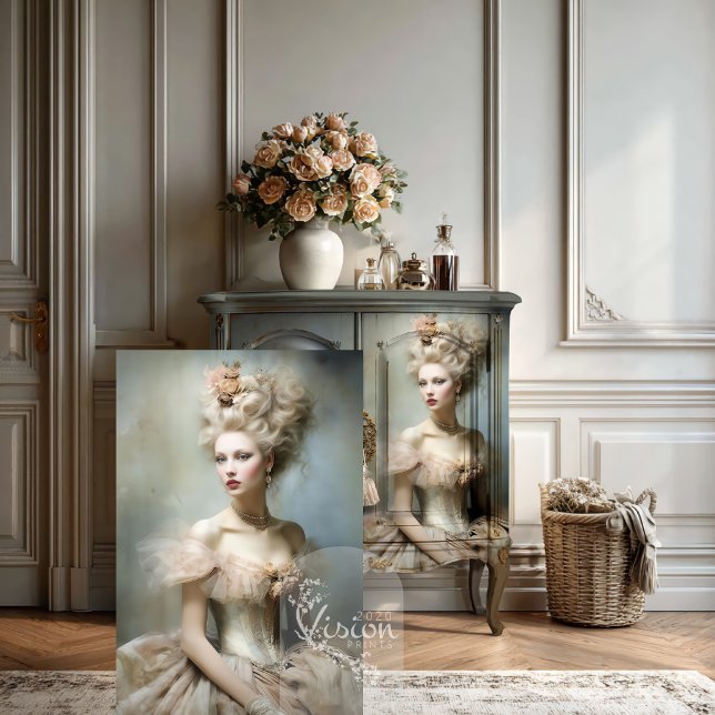 Papel De Seda Vestido de gala La Dauphine Champán Rosas Peluca e (
Portrait panel beside sage painted cabinet with flowers in elegant French room)