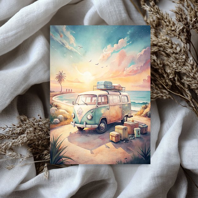 Papel De Seda Viaje de verano en aguas tropicales retro (Watercolor summer travel tropical retro bus tissue paper)