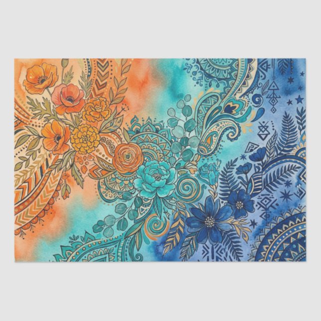 Papel De Seda Vibrant Boho Rainbow Gradient Floral (Anverso)