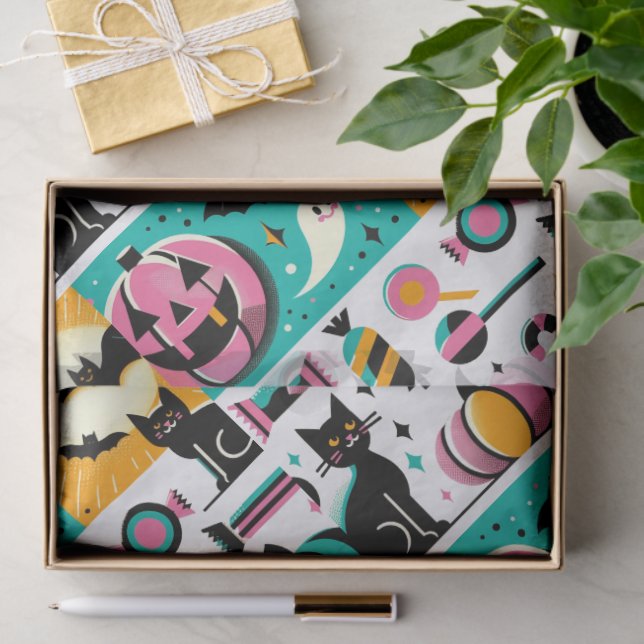 Papel De Seda Vibrant Retro Halloween Collage Pink Pumpkin Black (Regalo )