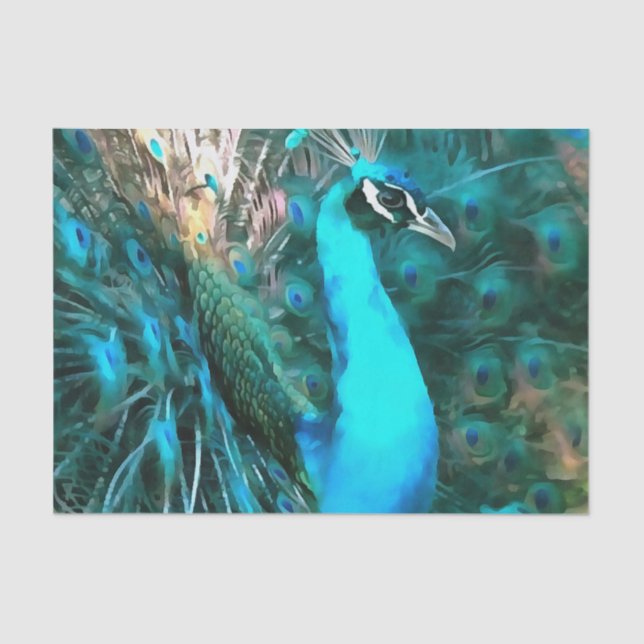 Papel De Seda Vibrante Pavo Real Azul Con Cola Avalada (Anverso)