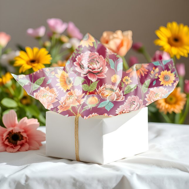 Papel De Seda Vibrantes Peonies & Daisies Negrita Naranja Floral (Gorgeous decorative floral tissue paper with bold peonies and daisies in bright pink orange & yellow)