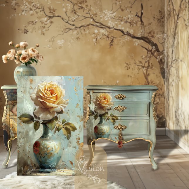 Papel De Seda Victorian Glam Golden Rose Teal Vase Oil Impasto (Rose panel propped beside decoupaged teal chest with gold frames on wall tree mural backdrop)